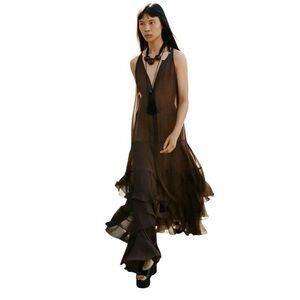 Massimo Dutti Chocolate Brown Long Flowing Dress with Ruffles
